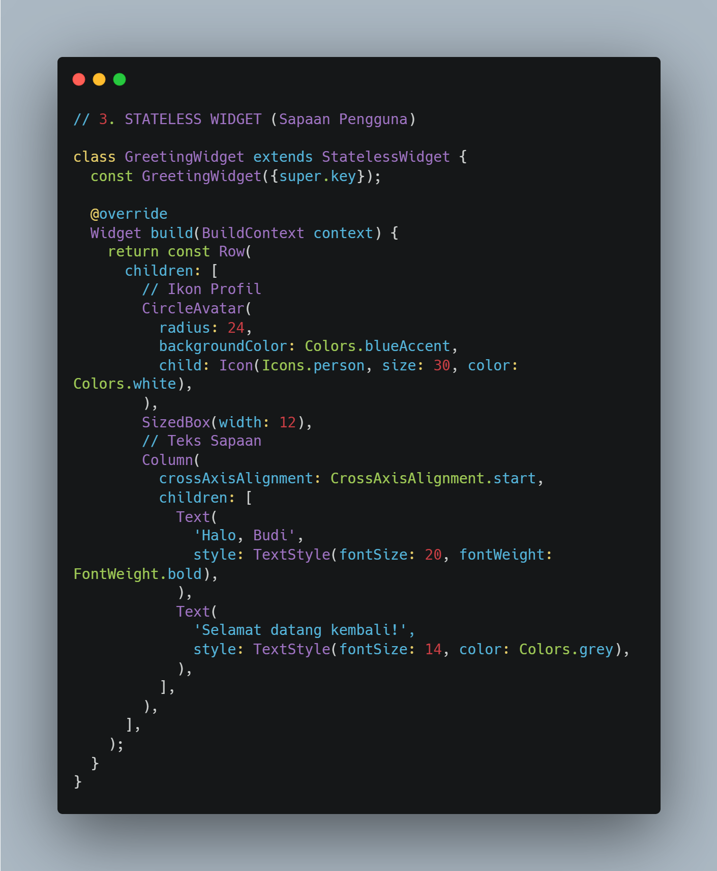 Screenshot kode GreetingWidget